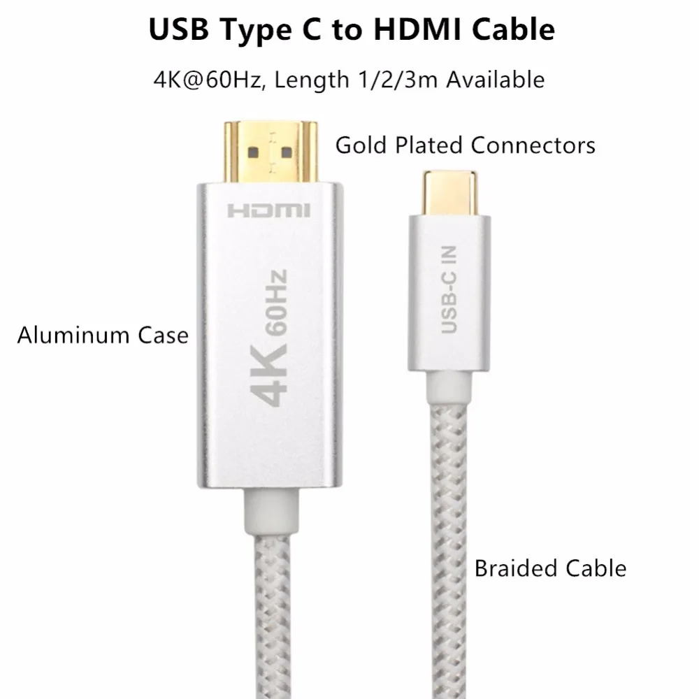 4K @ 60Hz USB C к HDMI кабелю 1m/2m/3m плетеный позолоченный алюминиевый Type (совместимый с