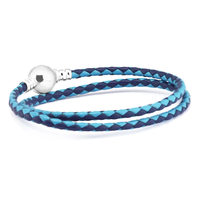 

Mixed Blue Woven Round Clasp Leather Bracelets 100% 925 Authentic Sterling Silver-Jewelry Free Shipping