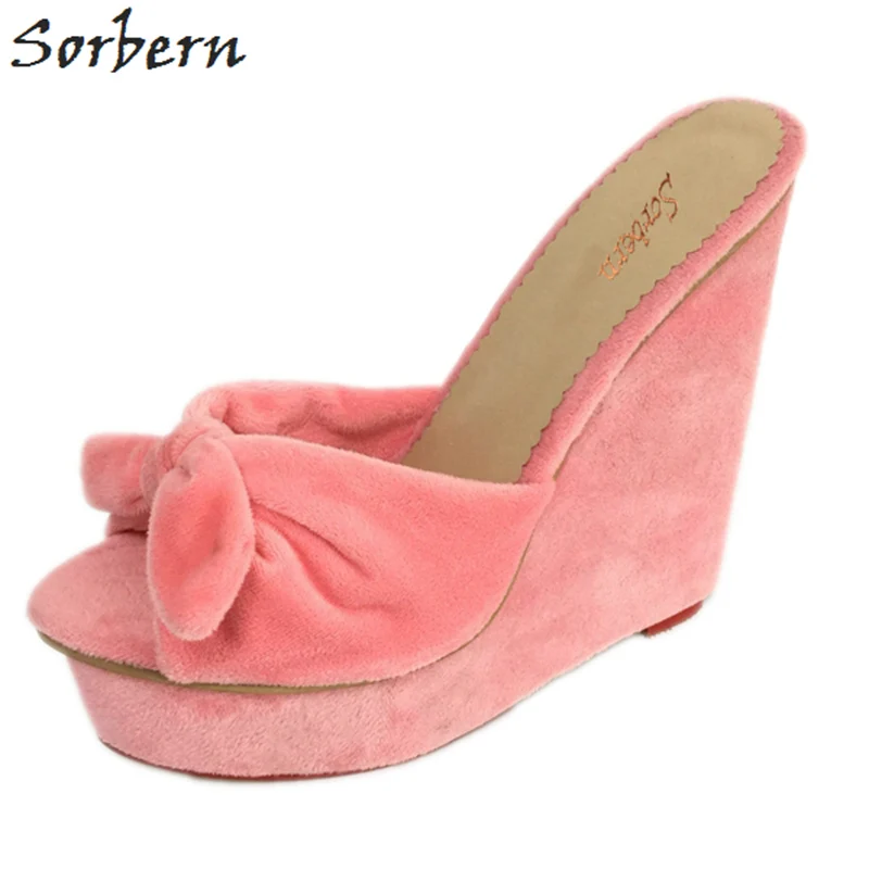 

Sorbern Pink Platforms Bow Knot Women Slipper Open Toe Wedge Slides Shoes Women Plus Size 45 Open Heels Wedge Sandal Slippers