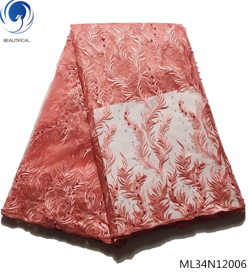 

BEAUTIFICAL African lace fabrics Latest style nigerian net lace with beads/rhinestones embroidery tulle lace fabric ML34N120