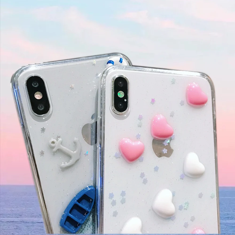 3D Pattern Cases For iPhone 7 8 Plus XR XS Max Fashion Cute Soft Silicone X Xs 6s 6 Epoxy Cloud and Love Cover | Мобильные телефоны