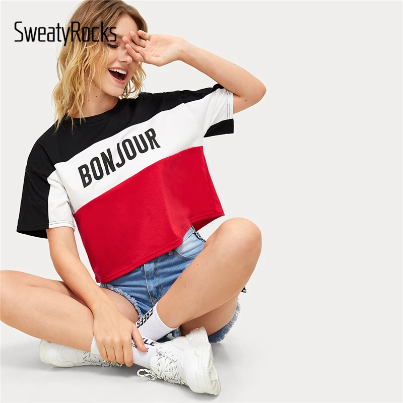 SweatyRocks, цветная футболка с буквенным принтом, уличная одежда, короткий рукав, для занятий спортом, футболки, Летние повседневные топы, женские футболки