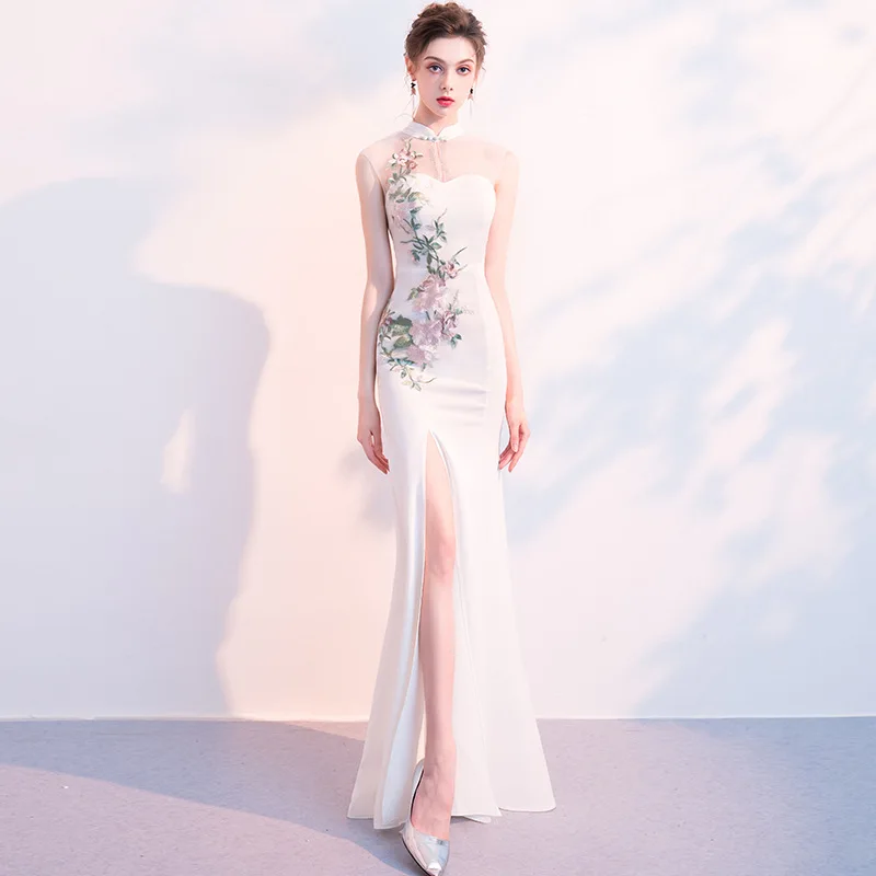 

White Mandarin Collar Long Dresses Cheongsam Dress Vestidos Chinos Oriental Qipao Evening Gowns Classic Party Dress Size XS-XXL