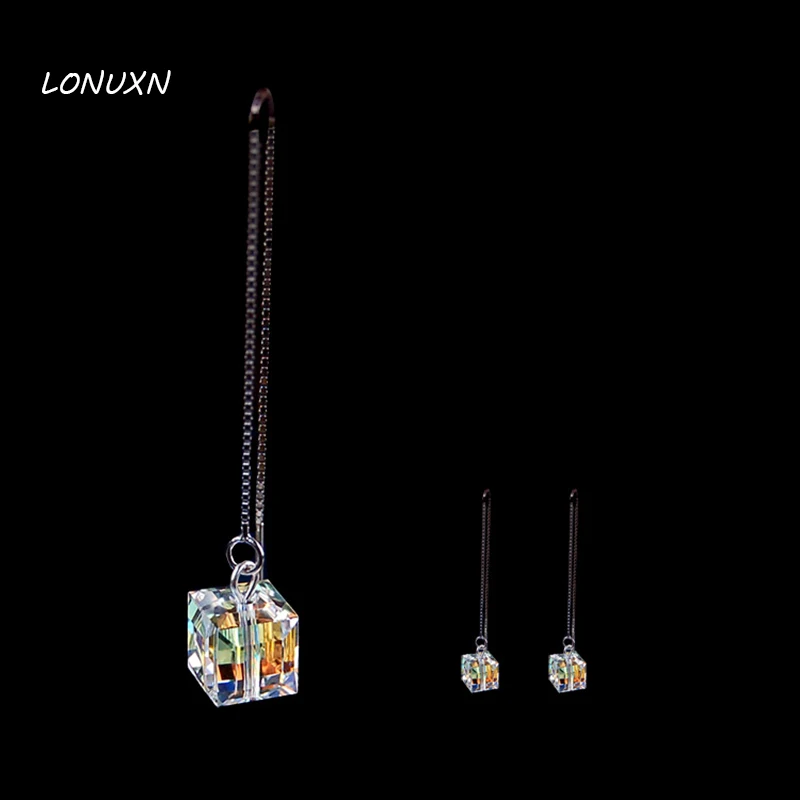 

Vintage 925 Silver Long Earrings Austria cube Luxury Colorful Authentic White crystal earrings high quality female jewelry