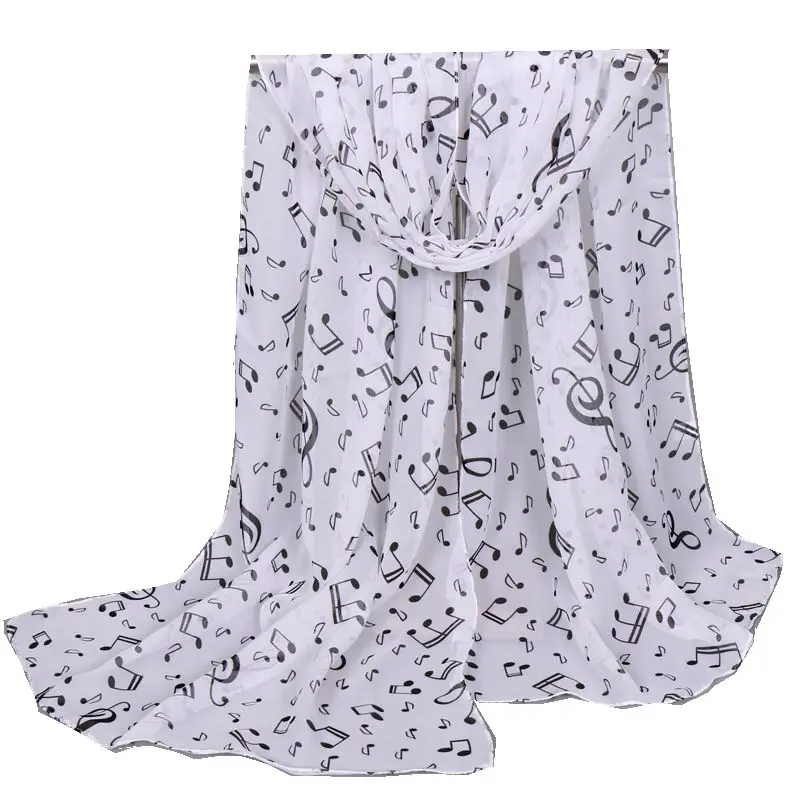 Черный Шифоновый Шарф с музыкальными нотками шарф шаль на осень и зиму