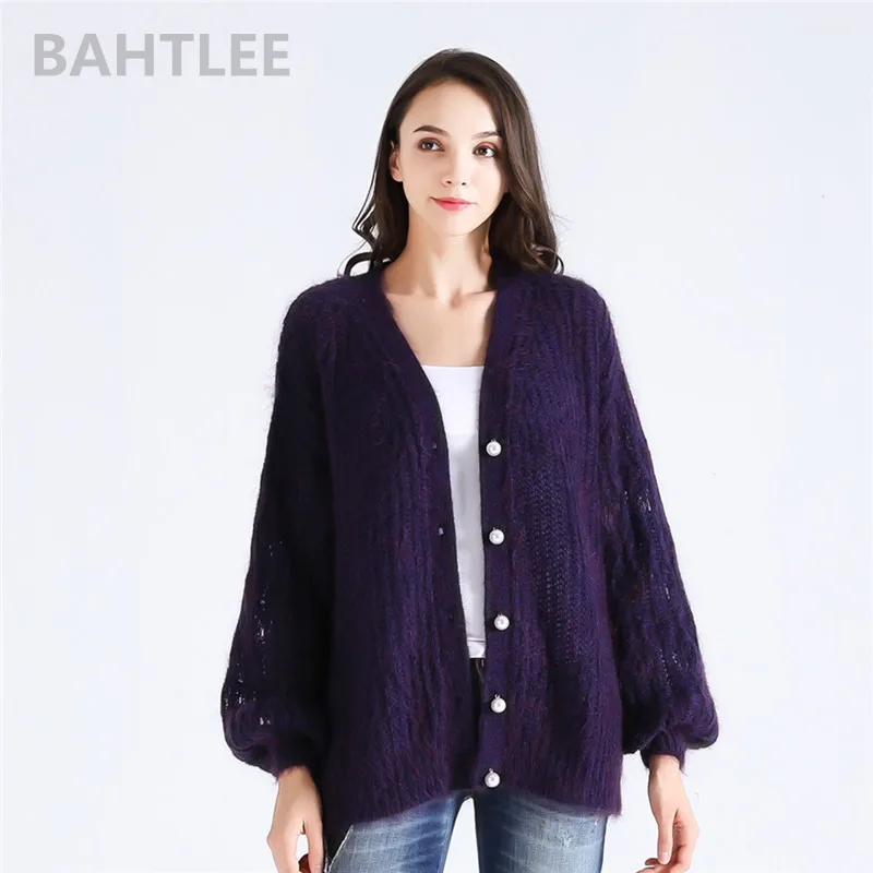 purple BAHTLEE осенне-зимний женский топ из мохера, вязаный кардиган, свитер с длинными рукавами-фонариками, жемчужными пуговицами и v-образным вырезом, четыре цвета - Цвет: purple