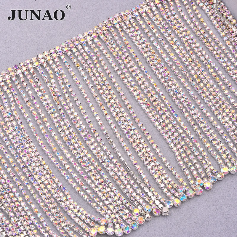 JUNAO 45cm Sewing Crystal AB Rhinestones Fringe Chain Glass Stones Tassel Metal Trim Crystal Applique Strass Tape for Dress DIY