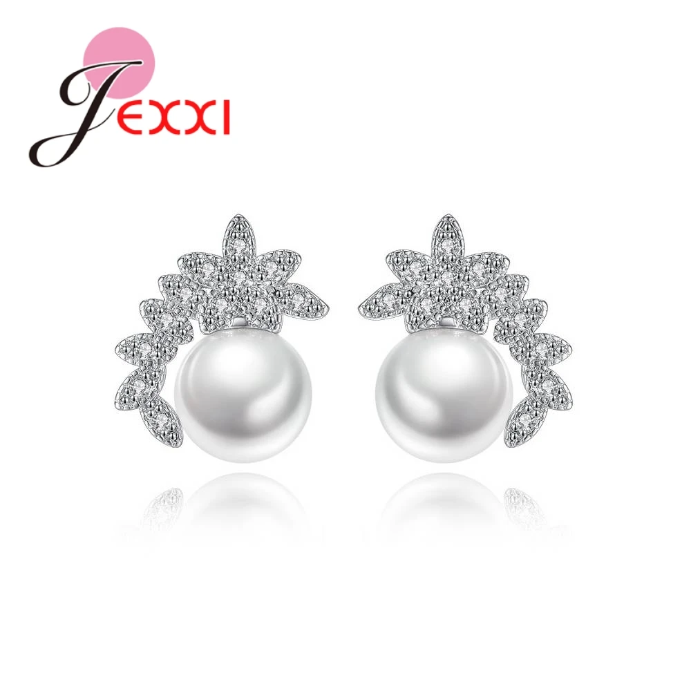 

Genuine 925 Sterling Silver Full Shiny Crystals With Pearls Stud Earring Women Ladies Banquet Party Brincos Accessories