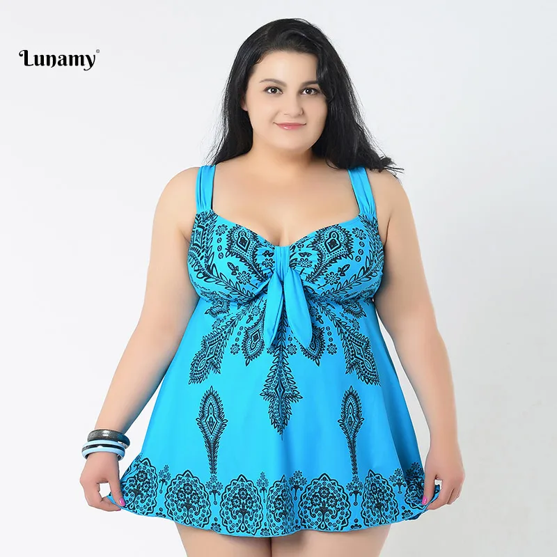 58-66/4XL-8XL размера плюс слитный купальник женский с узлом на груди бандаж цветочный принт юбка большой размер пляжное платье большой размер купальники - Цвет: W5133-Light-Blue