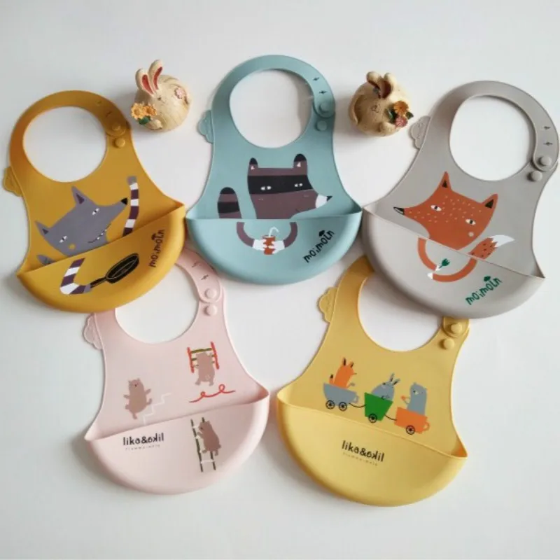 Baby Bibs Waterproof Silicone Bib Scarf Feeding Infant Saliva Towel Newborn Cartoon Fox Aprons Baby Boy Bandana Bib Burp Clothes