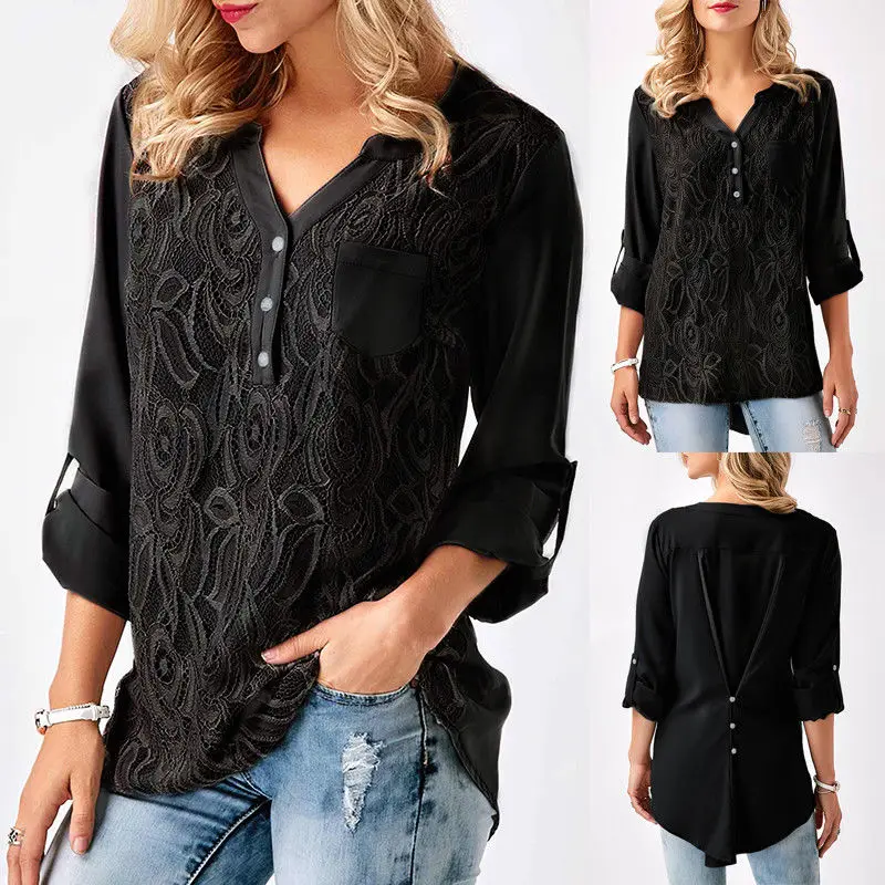 

HIRIGIN Women Office Loose Chiffon Tops Long Sleeve Pop Black Shirt Lace Casual Blouse