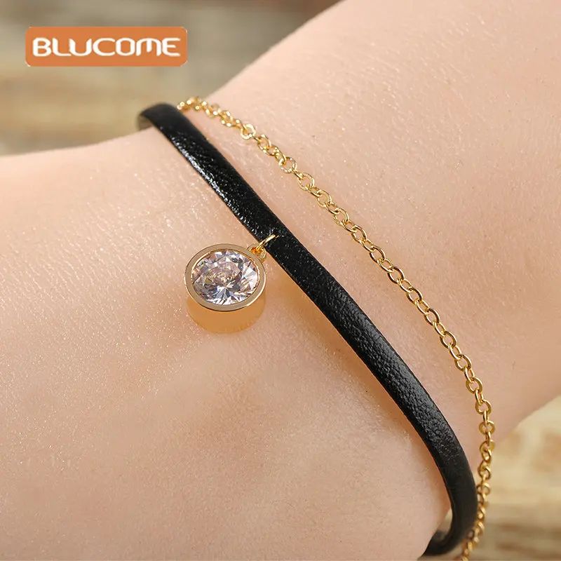 Женский браслет с кулоном Blucome тонкий круглый из меди и кожи цирконием подарочные