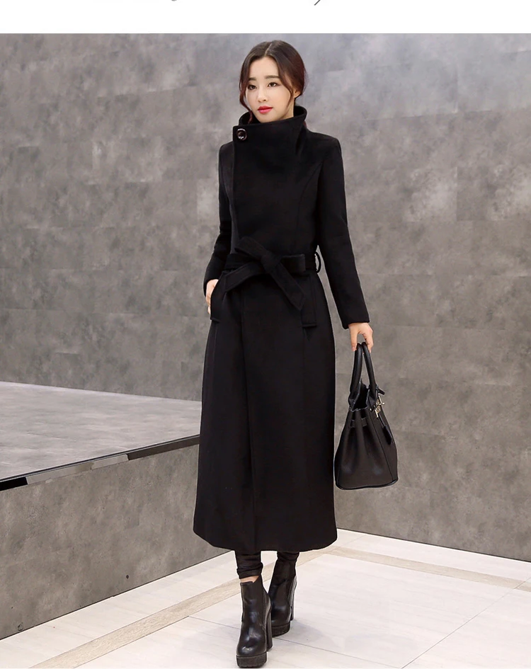 Женское шерстяное пальто длинное приталенное однотонного цвета с поясом