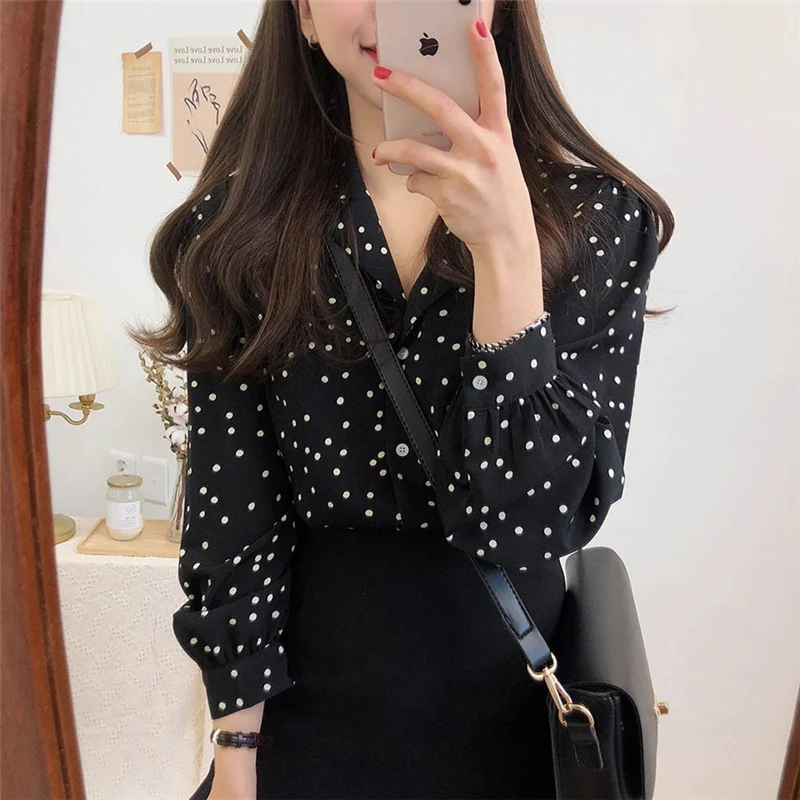 Винтаж v-образный вырез расклешенный рукав в горошек женская блузка Рубашки