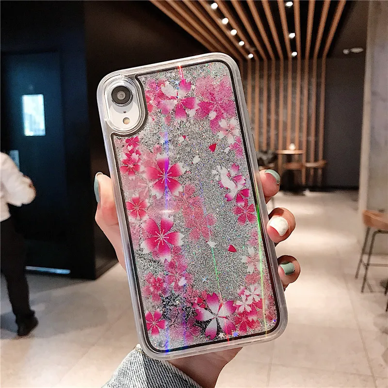 Shiny Quicksand Glitter Pink Flower Phone Cases For iPhone 8 7 6 6s Plus Hard PC Back Cover Floral Case X XS MAX XR |