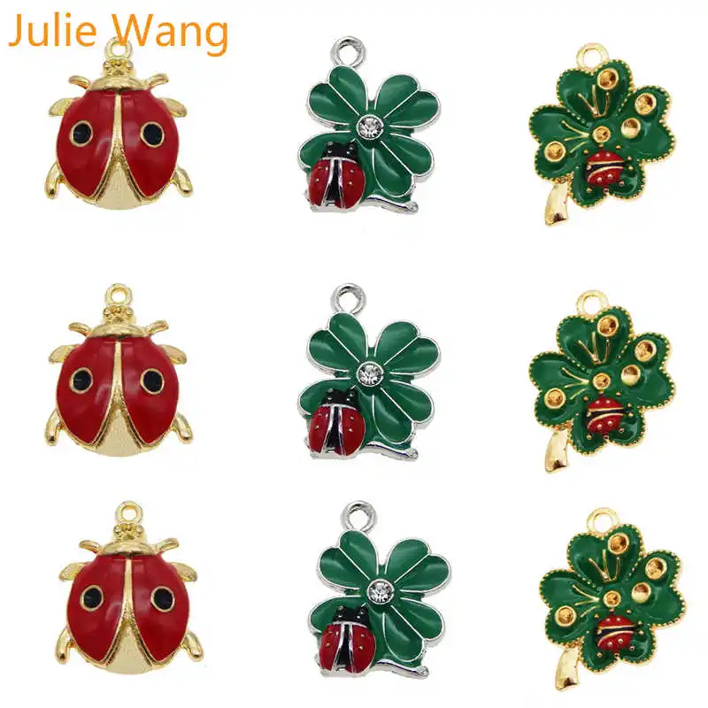 Julie Wang 6 шт. смешанный эмалевый Клевер Божья коровка милые шармы сплав ожерелье