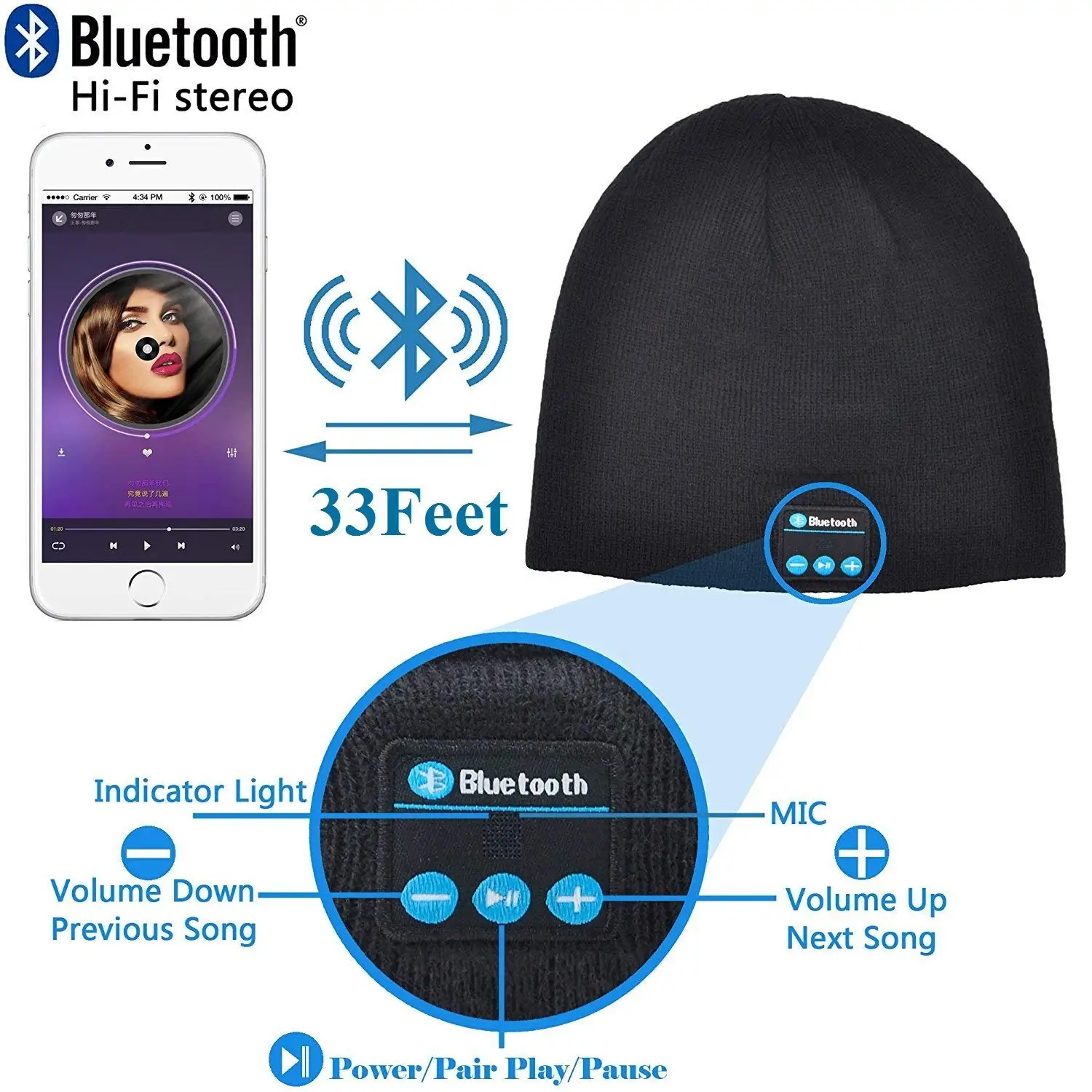 Bluetooth шапка Beanie Беспроводная гарнитура Музыка со встроенным стерео динамиком