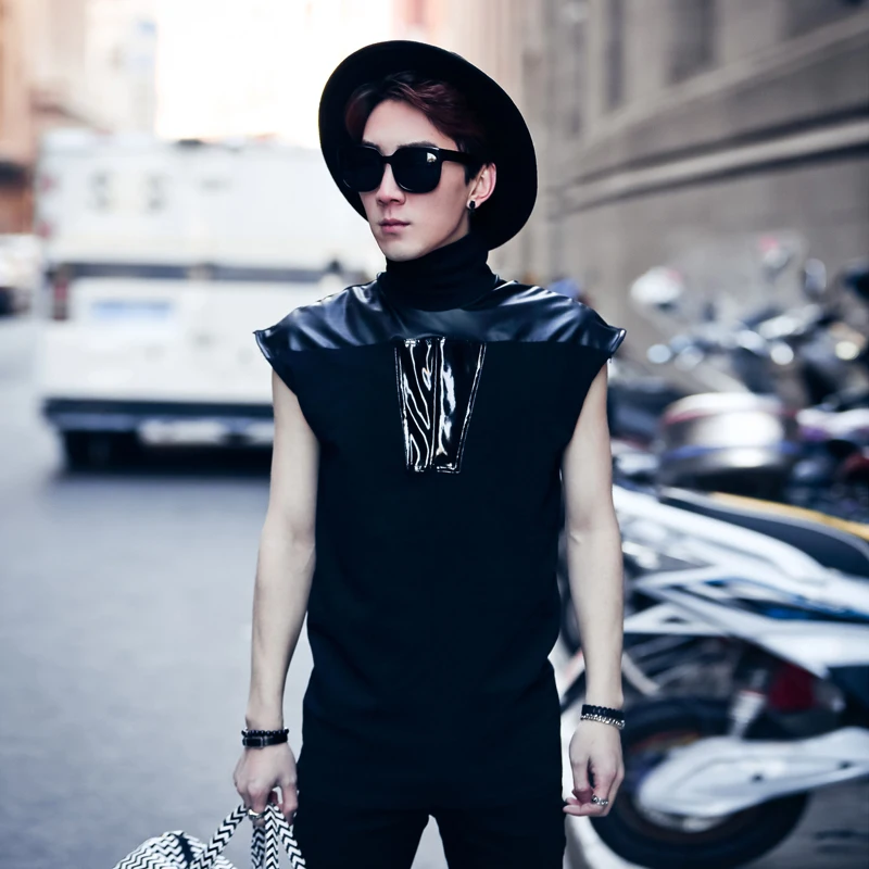 

2018 Gd male stand collar sleeveless vest men's clothing sexy male slim summer dj The singer's clothing [M-XL]