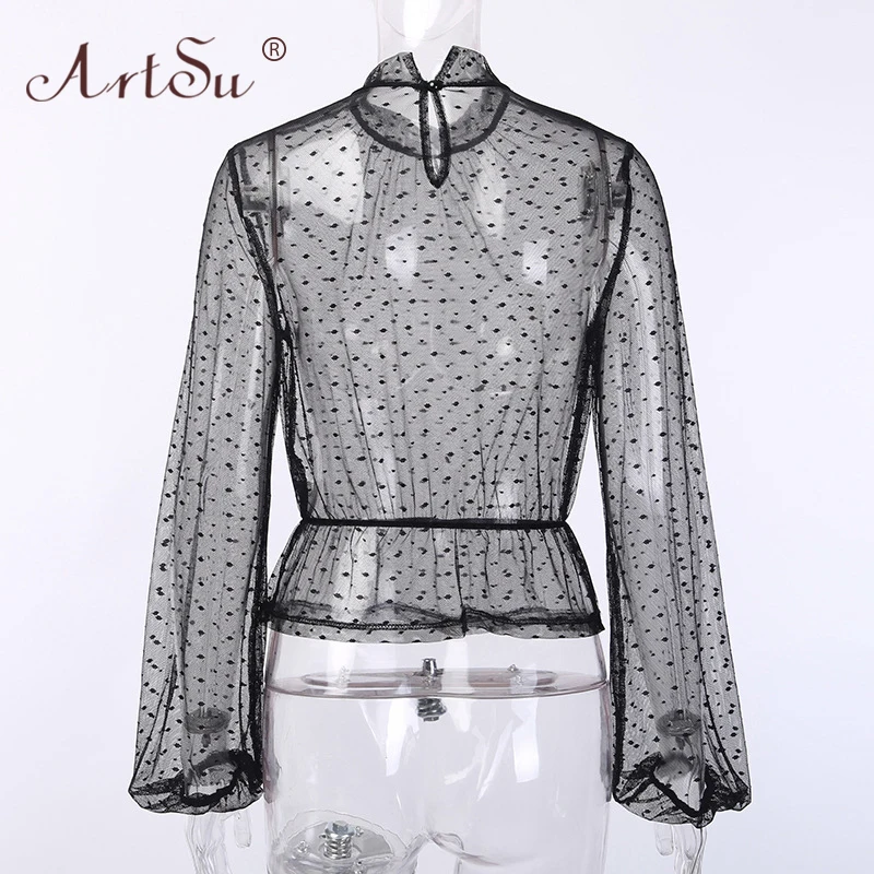 Женская сетчатая блузка ArtSu кружевная в горошек с круглым вырезом и оборками лето