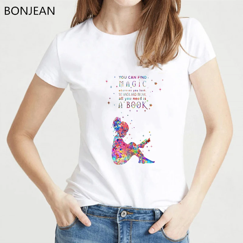 

Watercolor reader girl and boy printed t shirt women harajuku kawaii tshirt femme cute casual t-shirt female tumblr top tee