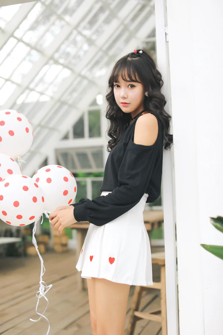 Harajuku Kawaii розовая плиссированная юбка с вышивкой в форме сердца Женская одежда осенняя Корейская белая черная мини юбка Уличная одежда