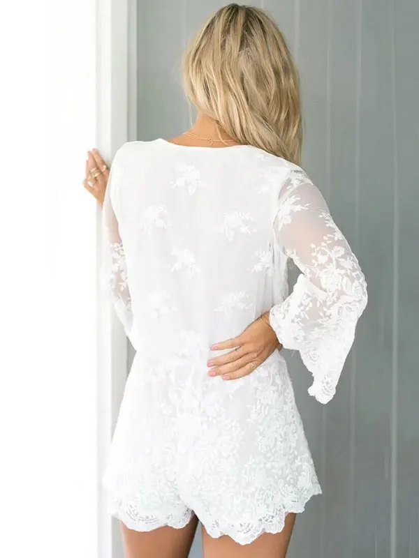 Женский белый комбинезон с длинным рукавом и V образным вырезом|lace playsuit|womens white