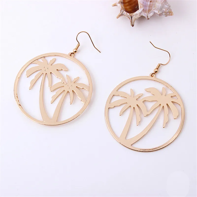 Sleepylady Trendy Coconut Tree Gold Color Statement Earrings For Women Big Round Metal Drop Earring Kupe Oorbellen Jewelry Gift | Украшения