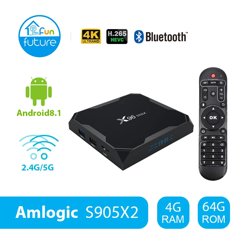 Funfuture X96 Max Смарт ТВ BOX Android 8 1 Amlogic S905X2 LPDDR4GB 64 Гб 4 ядра 2 г/5G Wi Fi BT4.0 1000 м H.265 4K60fps Декодер