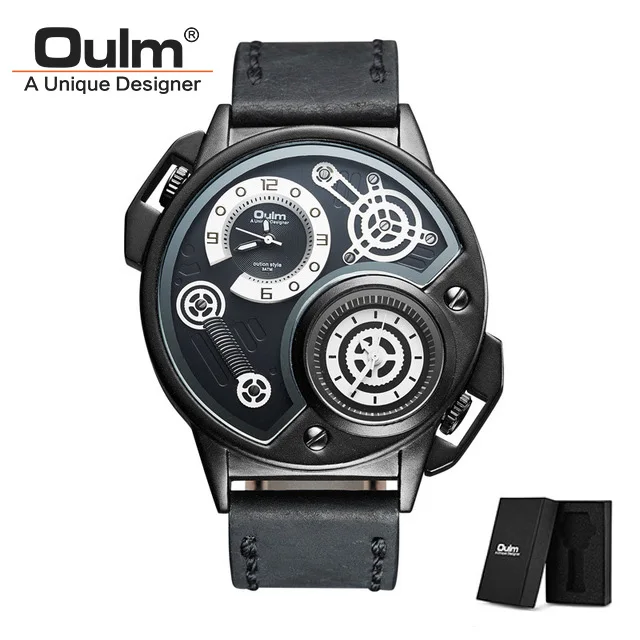Black(with box) Oulm Модные мужские спортивные часы Мужские Аналоговые кварцевые часы в стиле кэжуал часы водонепроницаемые часы с двойным часовым поясом кожаные Наручные часы мужские часы - Цвет: Black(with box)