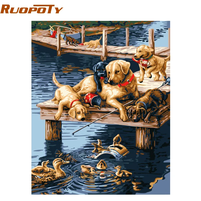 RUOPOTY игральные собаки DIY живопись по номерам Акриловая картина ручная роспись