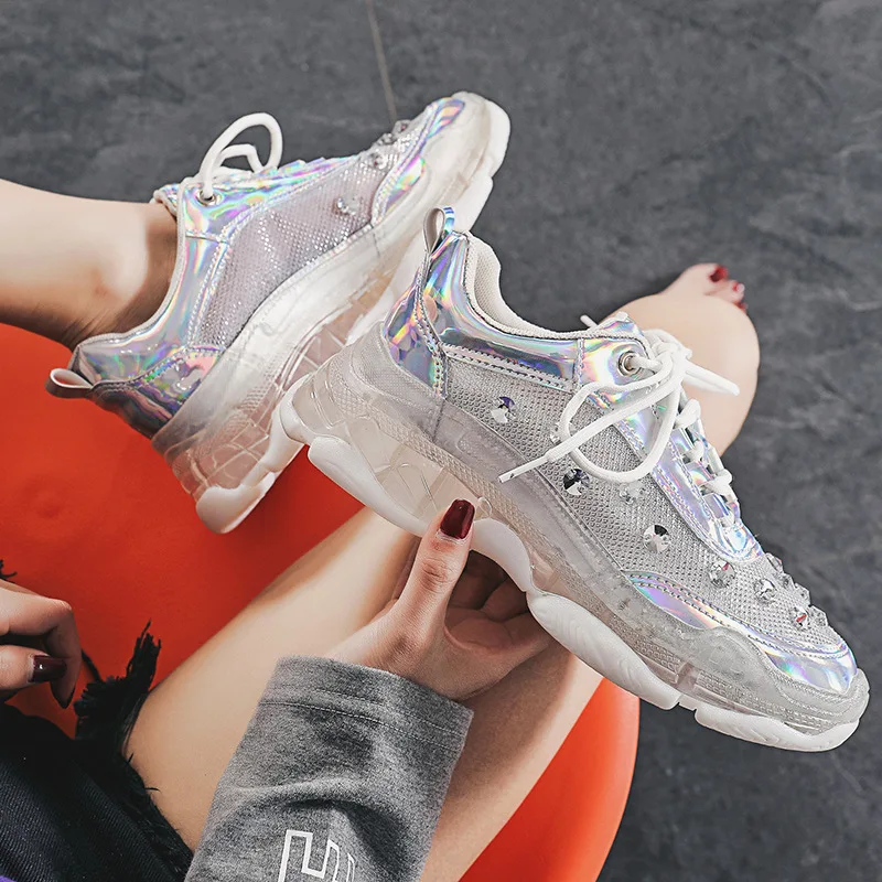 Блестящие женские кроссовки zapatos de mujer Белые блестящие chaussures femme Женские с