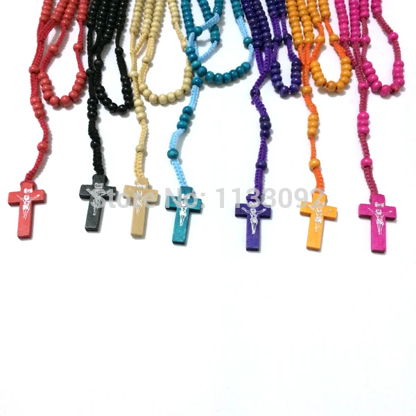 12 шт./лот Деревянные Четки из бисера ожерелье смешанные цвета четки крест розари