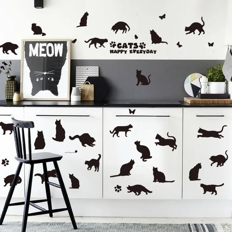 Счастливые повседневные наклейки на стену с изображением многих кошек животные