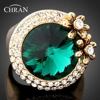 chran unique design green stone promised rings for women wholesale gold color crystal flower wedding rings jewelry