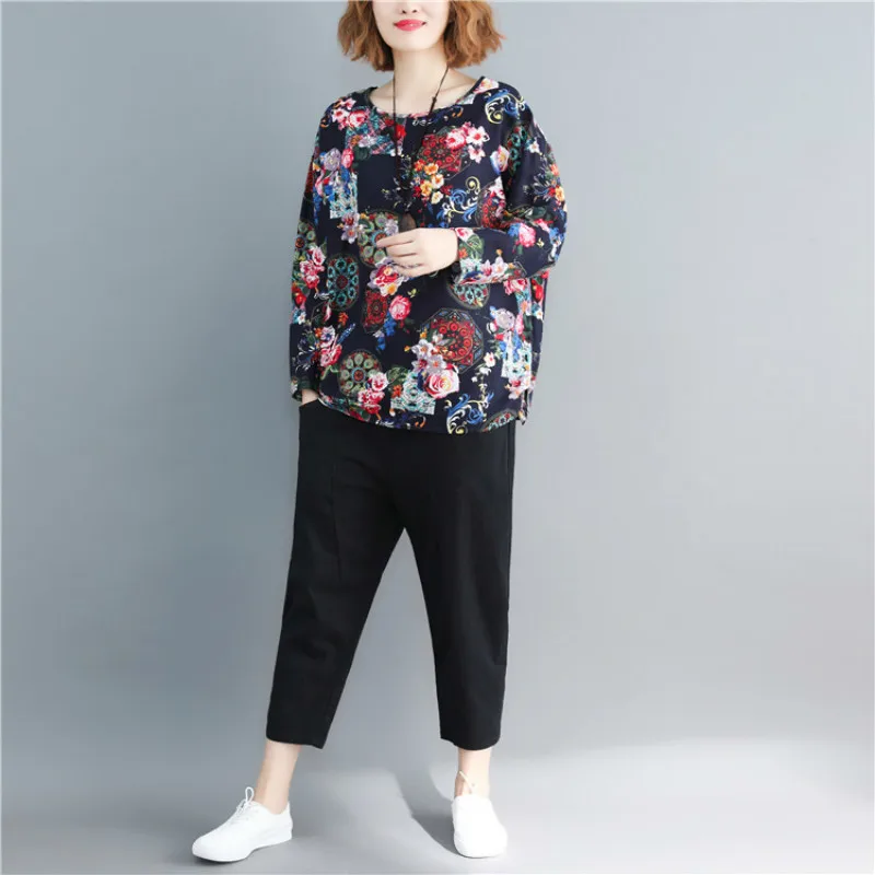 Twojstyle 2018 Autumn New Women's Cotton LinenTop Fashion Large Size Long Sleeve Round Collar Floral Printing Loose Top | Женская