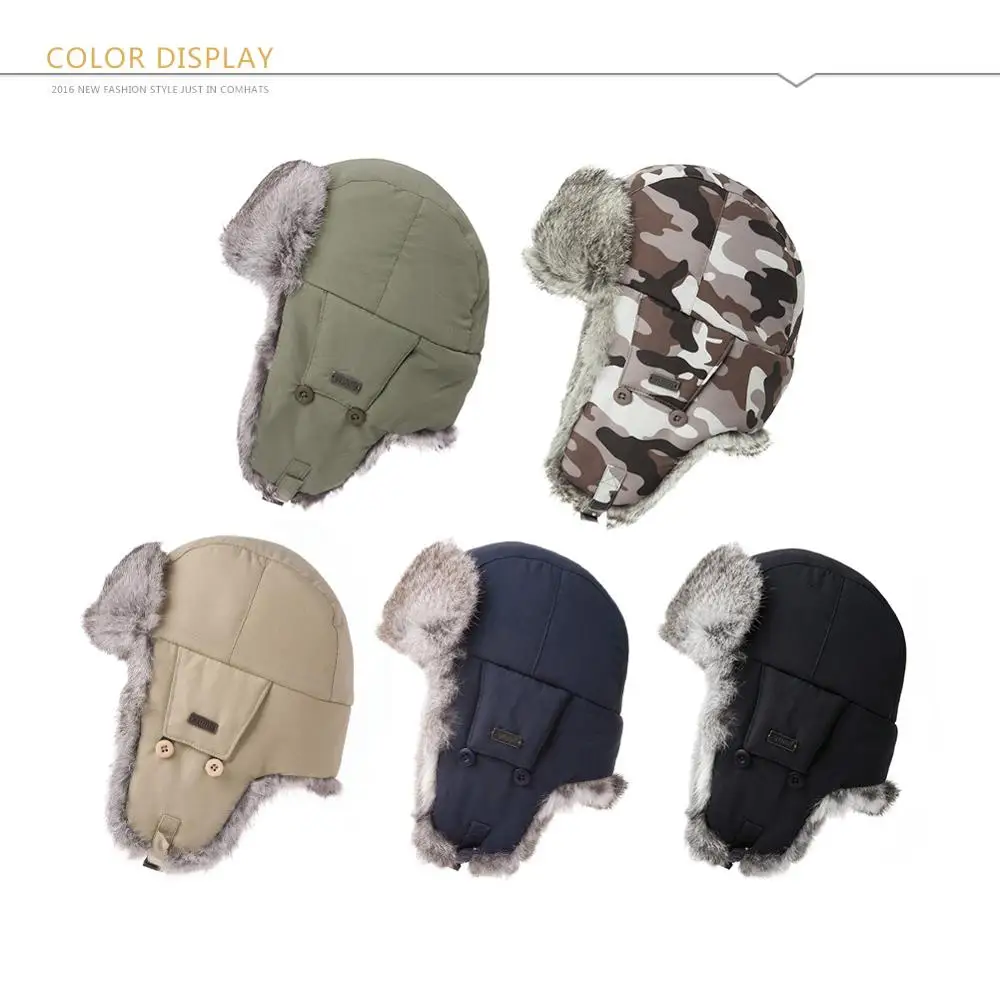 FANCET Mens Bomber Hats Trapper Ushanka Russian Ear Flaps Waterproof Windproof Cap 100% Rabbit Fur Nylon Shell Sitka 69185