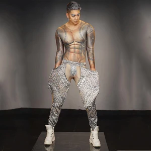 2019 мужской костюм для ночного клуба из спандекса, эластичная ткань + брюки, танцевальный костюм ГОГО, одежда для вечевечерние, бара, сценические костюмы, костюмы для диджея