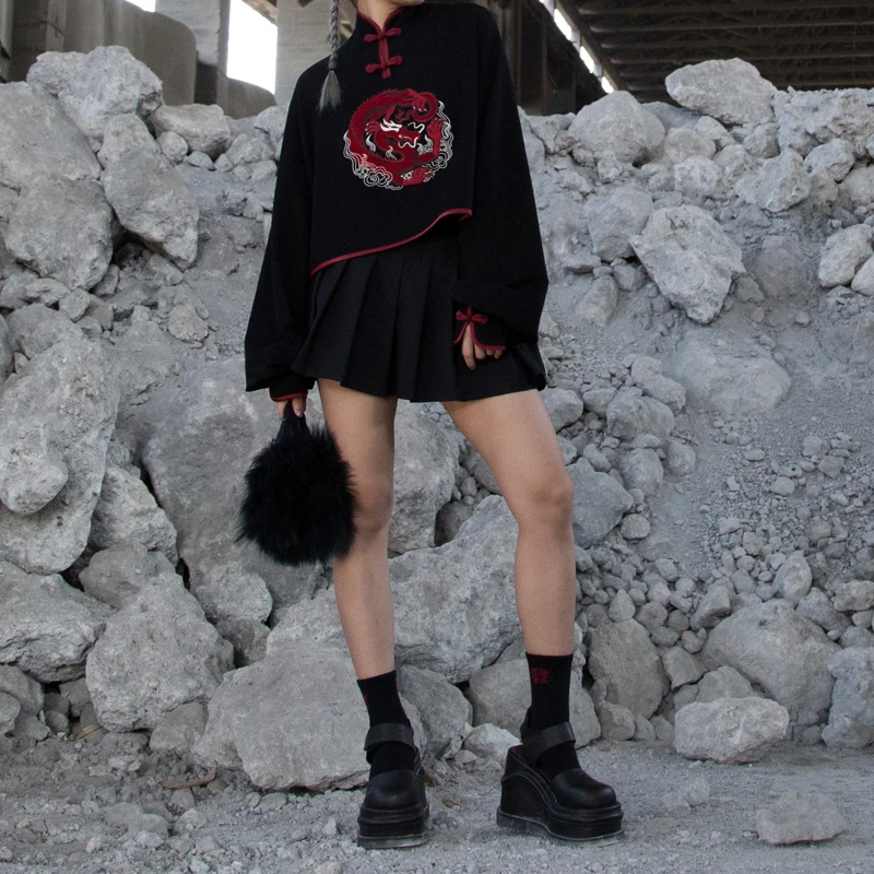 Harajuku китайский стиль вышивка свитер дракон с длинным рукавом костюм короткие женские пуловеры
