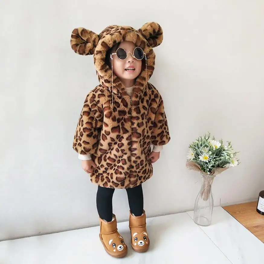 Детская куртка с капюшоном из искусственного меха леопардовым принтом|Куртки и