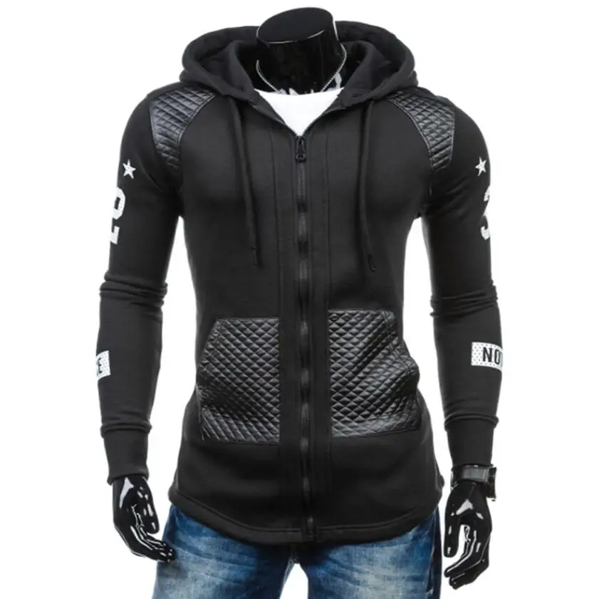 Men Hoodies Long Sleeve Sweatshirts 2019 Brand Fashion Casual Zipper Jacket Patch Leather Plus Size Streetwear Slim Fit Coat | Мужская