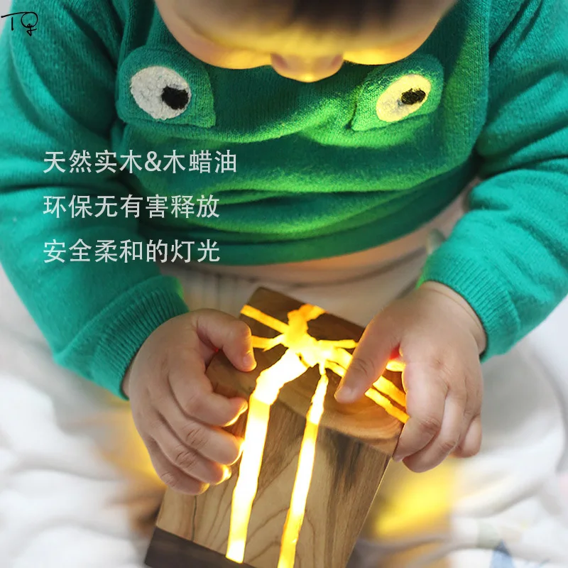 

Split Wood Night Light with USB Plug Nurse Bedside Bed Light Solid Wood Modern Creative LED Table Lamp Design Art Decor Home