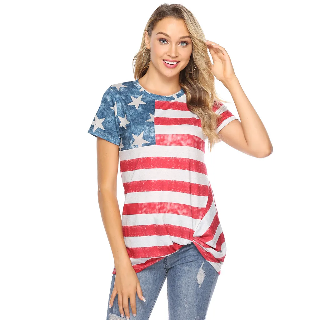 Женская футболка с принтом флага Америки круглым вырезом и узлом топы короткими