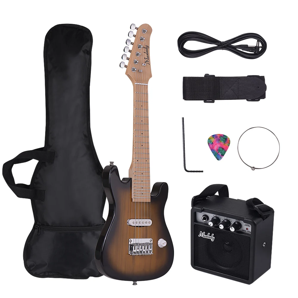 

Muslady 28 Inch Sunburst Color Electric Guitar Kit Maple Neck Paulownia Body with Mini Amplifier Guitar Bag Strap Pick String
