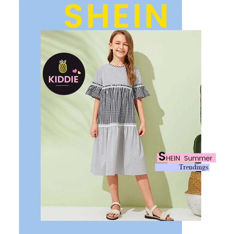 SHEIN Kiddie/Платье-туника в мелкую клетку и полоску для девочек г., Летние Повседневные платья-миди с оборками, рукав-Волан