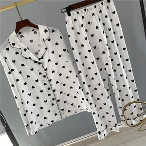 Летний новый женский пижамный комплект из ледяного шелка с длинными рукавами и принтом, удобная одежда для сна