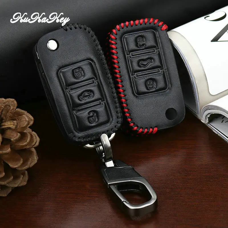 Чехол для автомобильного ключа KUKAKEY из натуральной кожи VW Polo Tiguan Passat Golf MK5 MK6 Jetta Eos