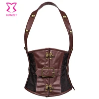 brown brocade and faux leather halter strap steel boned steampunk waistcoat waist trainer corsets slimming belt for men