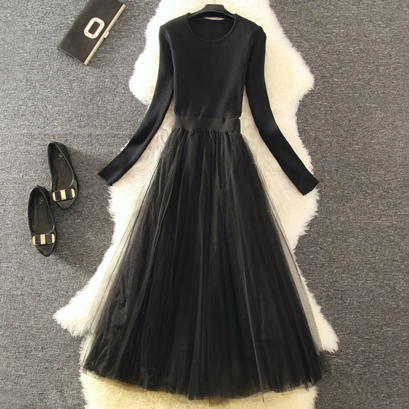 ALPHALMODA новинка вязаный свитер с длинными рукавами Лоскутная марлевая юбка