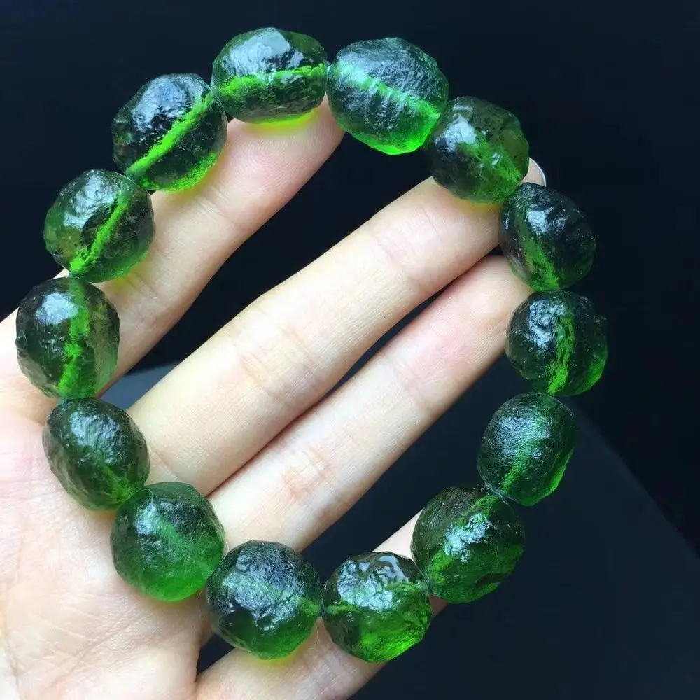 15 мм зеленый драгоценный камень MOLDAVITE метеорит ударопрочный стеклянный браслет