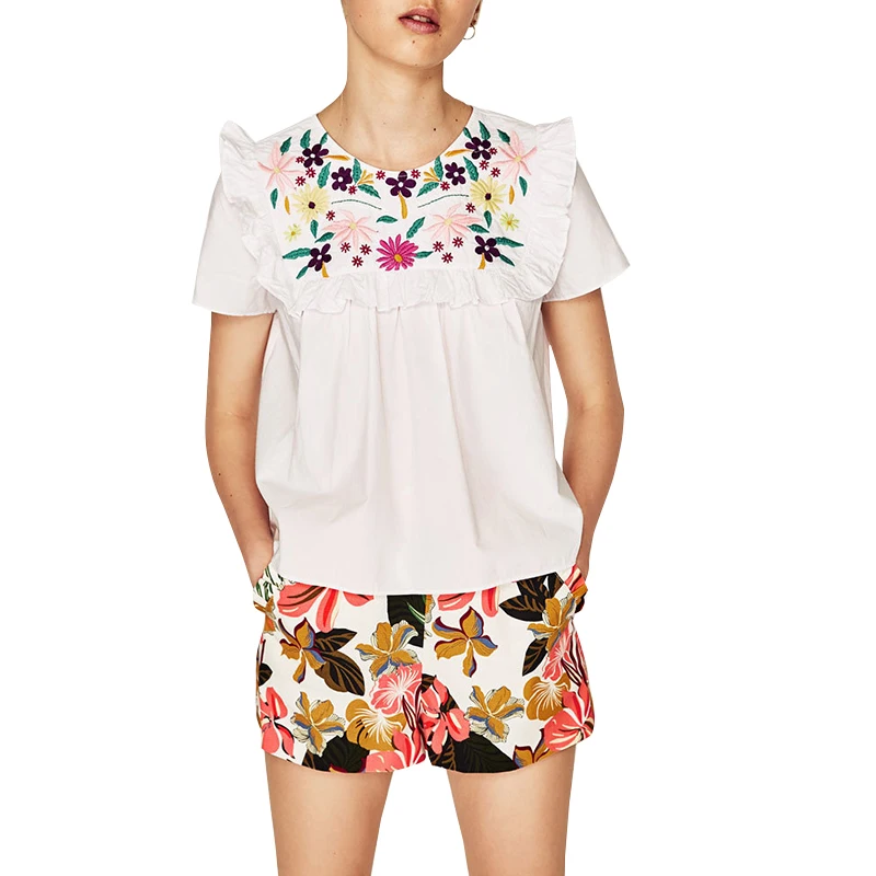 Летние цветочные вышивки Плиссированные Трепал рубашка короткий рукав блузка